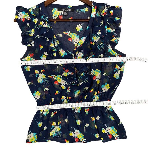 Vtg Forever 21 Blouse Top Womens Size M Sheer Floral Navy Flutter Sleeve Peplum - Picture 5 of 9